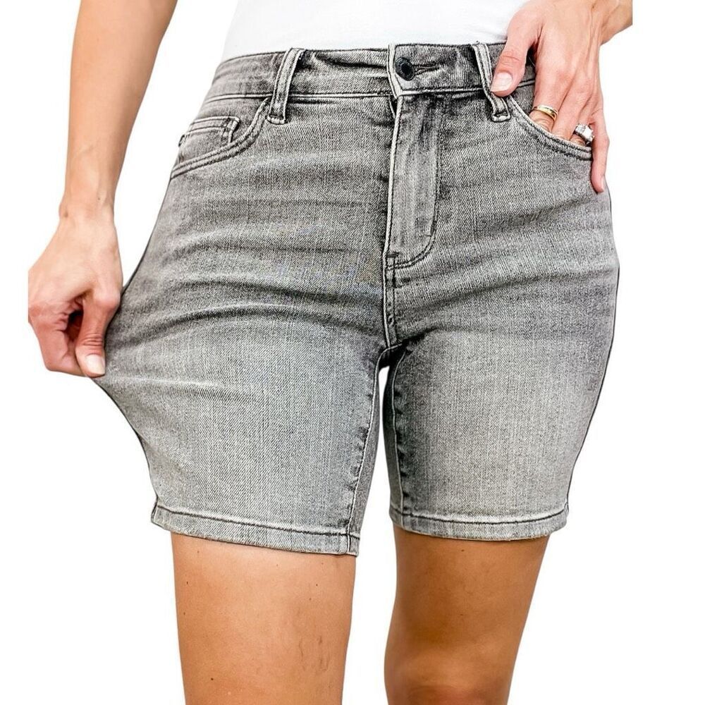 Judy Blue Jean Shorts | Gray Acid Wash High Rise Bermuda | Stretch Denim | NWT - Picture 9 of 16